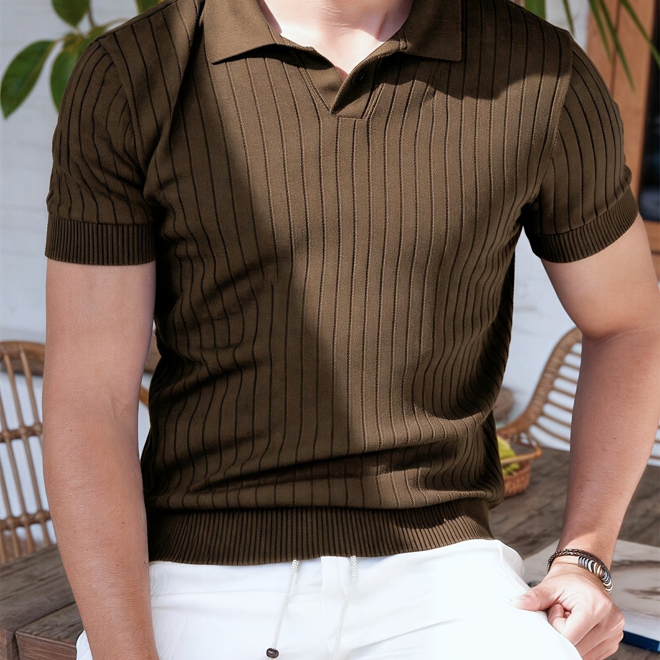 TEMU Camisa polo de punto con rayas verticales en la solapa, lujo y para hombres, manga corta, estilo business casual,estilo old money, de moda,