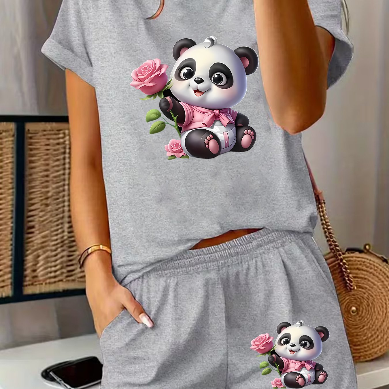 TEMU 2026 Year Of The Horse 2pcs Women's Spring Short-sleeved Set - Panda Hugging Rose Print Short-sleeved Shorts Set Comfortable Soft Breathable