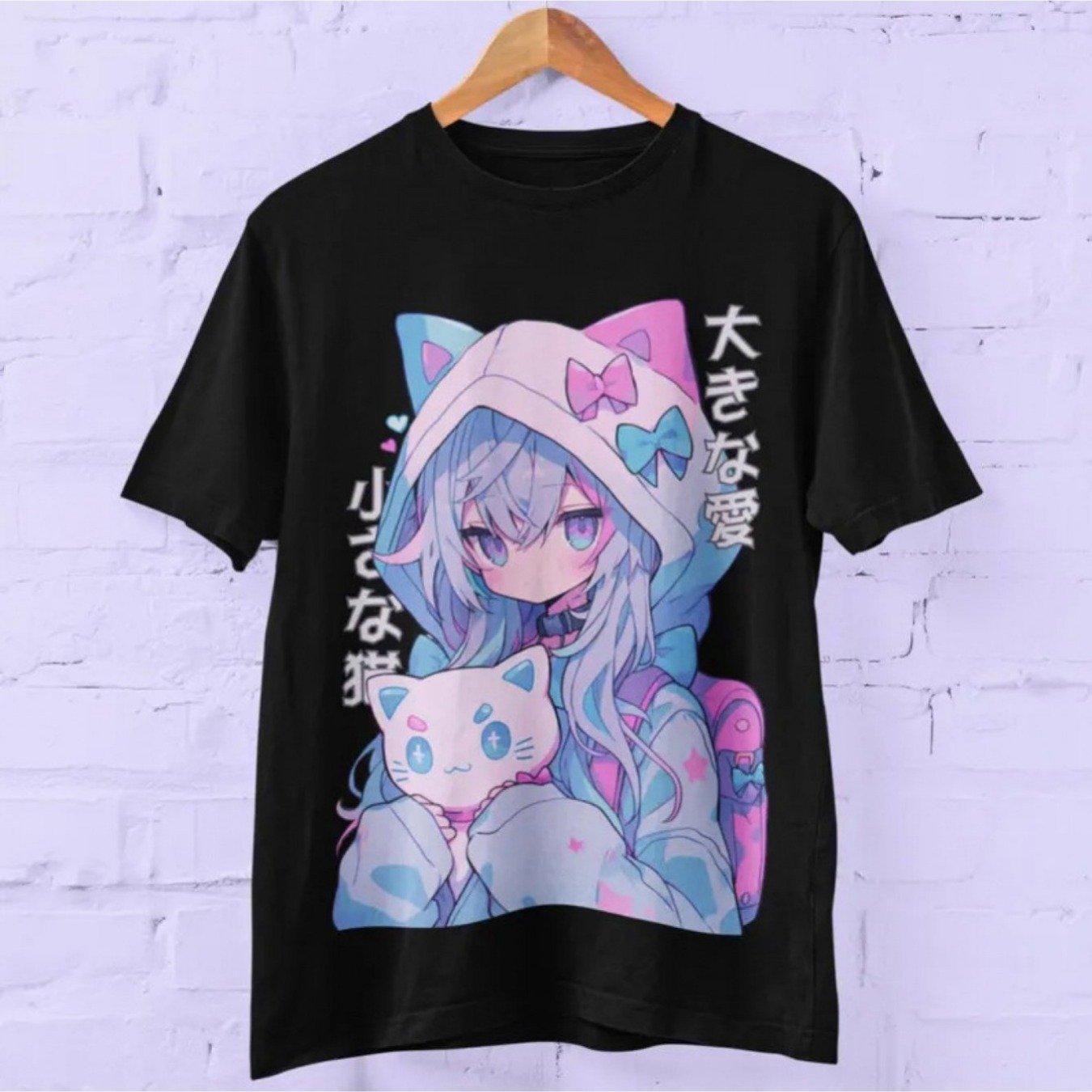 Image of Goth Anime T-shirt - Oversized Unisex Japanese Grunge Aesthetic Kawaii Gothic Graphic Tee With Cat-ear & Print, Round Neck Short Sleeve Casual Streetwear, Durable Fit For Anime & Casual Attire -