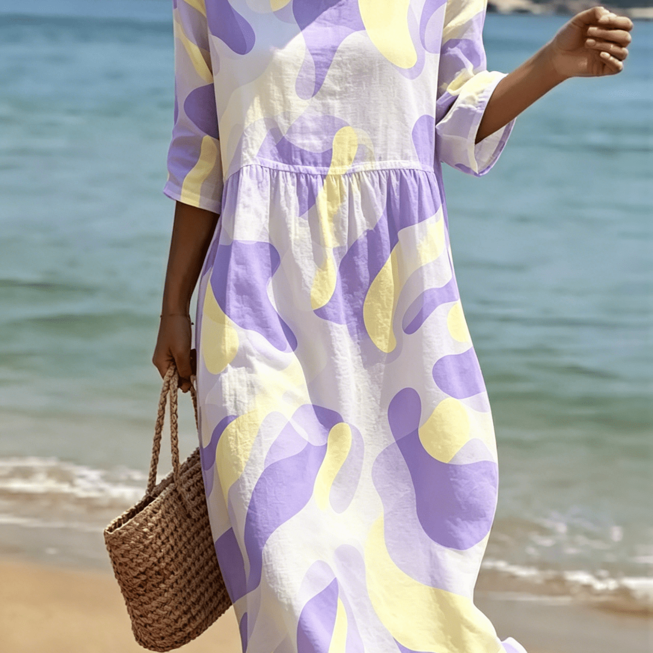 Image of 2026 New Women's Dress Color Block Print Loose Casual Round Neck Summer Dress Suitable For Beach Vacations Summer Carnivals Casual Attire And Weekend Machine Washable Polyester