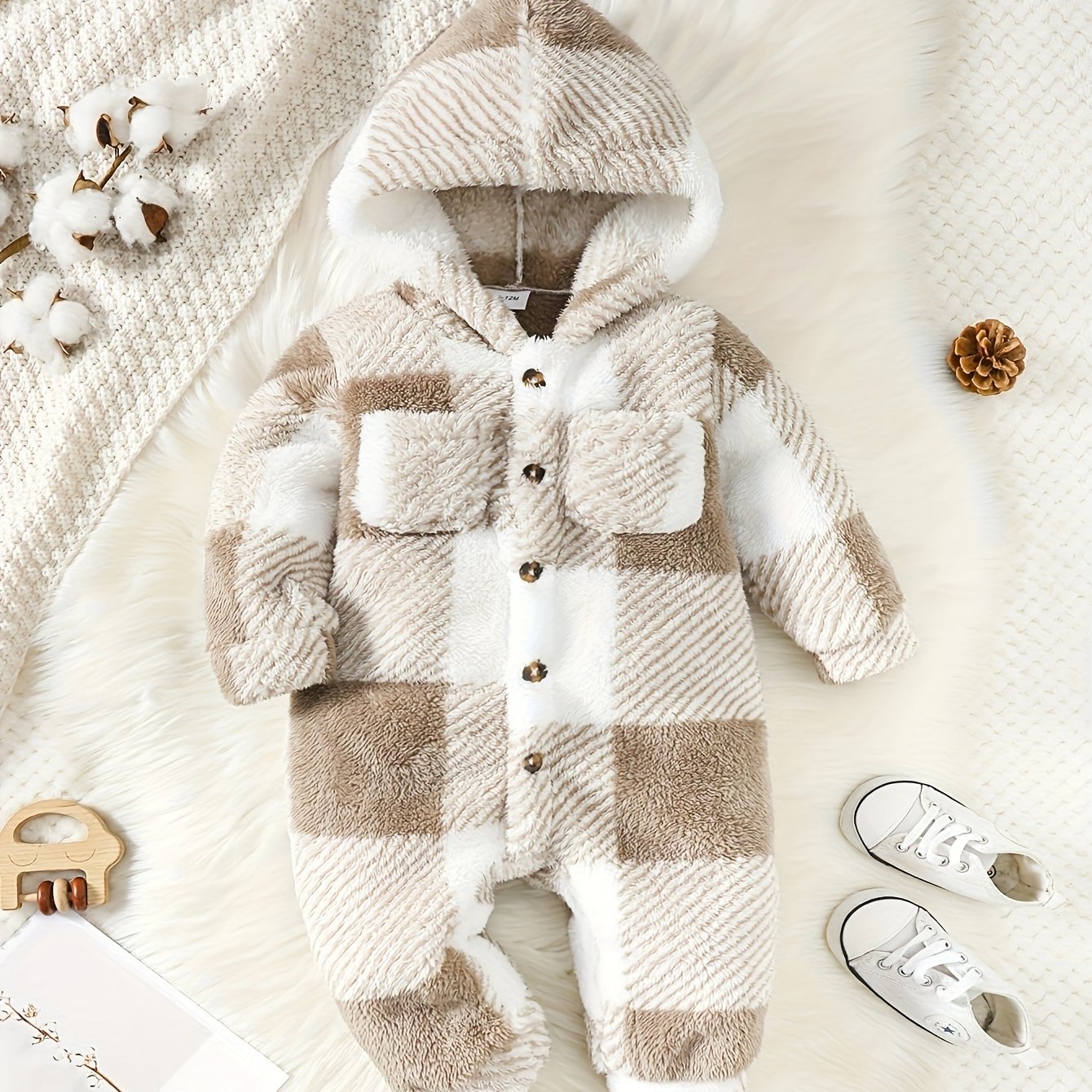 Baby Boy Autumn And Winter Plush Pocket Cute Long-sleeved Jumpsuit, For Outdoor