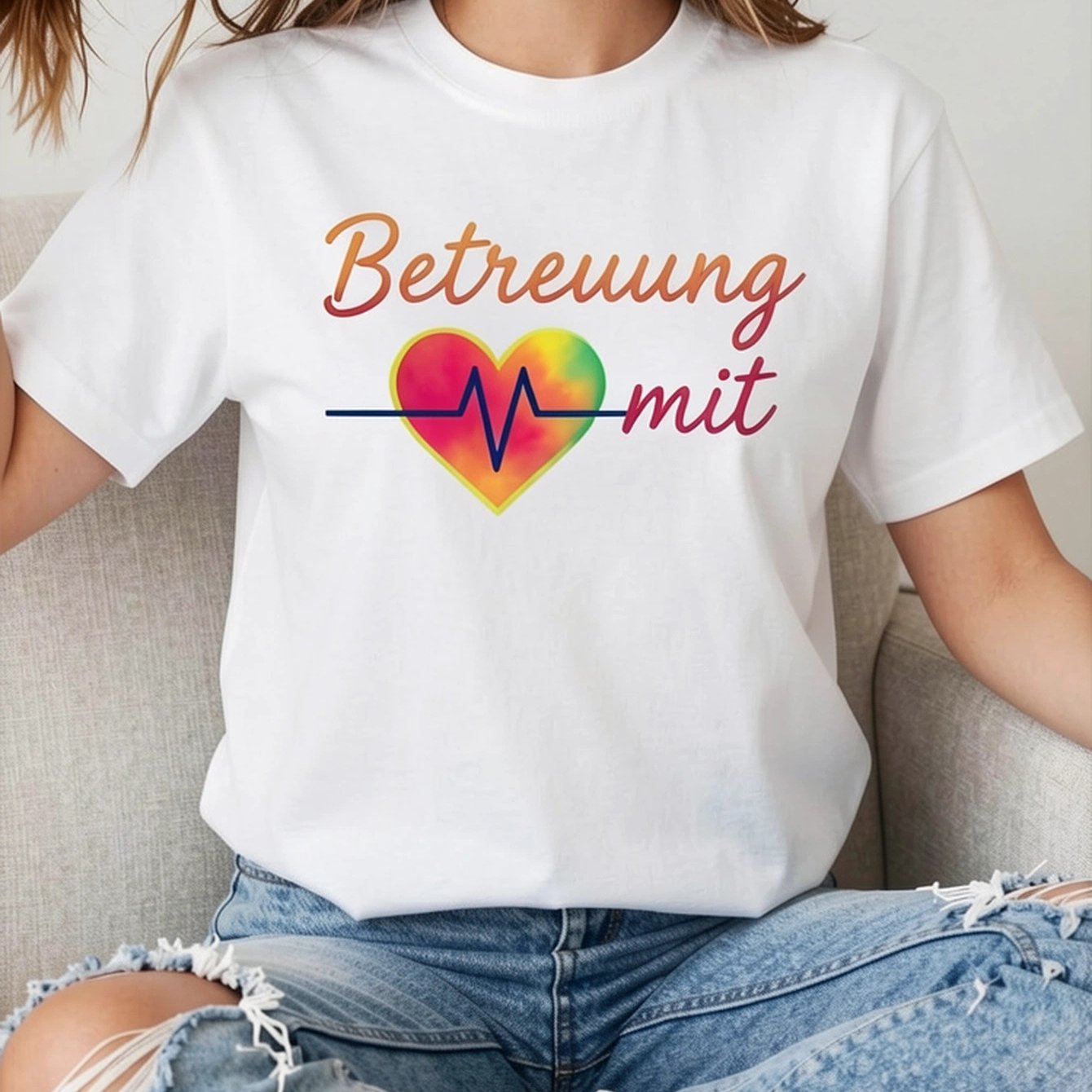 Image of Women's T-shirt With Betreuung German Care Slogan Print, Gradient Color Text + Fluorescent Heart + Ecg And Gentle Style T-shirt, Suitable For Occasions Like Nurses' Day And Heartwarmi
