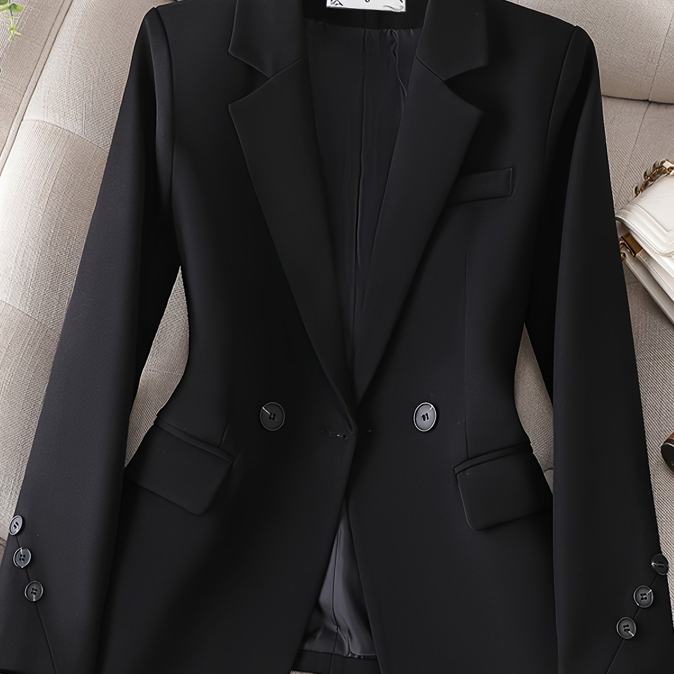TEMU Notched Collar Button Front Blazer, Elegant Long Sleeve Blazer For Office & Work, Women's Clothing