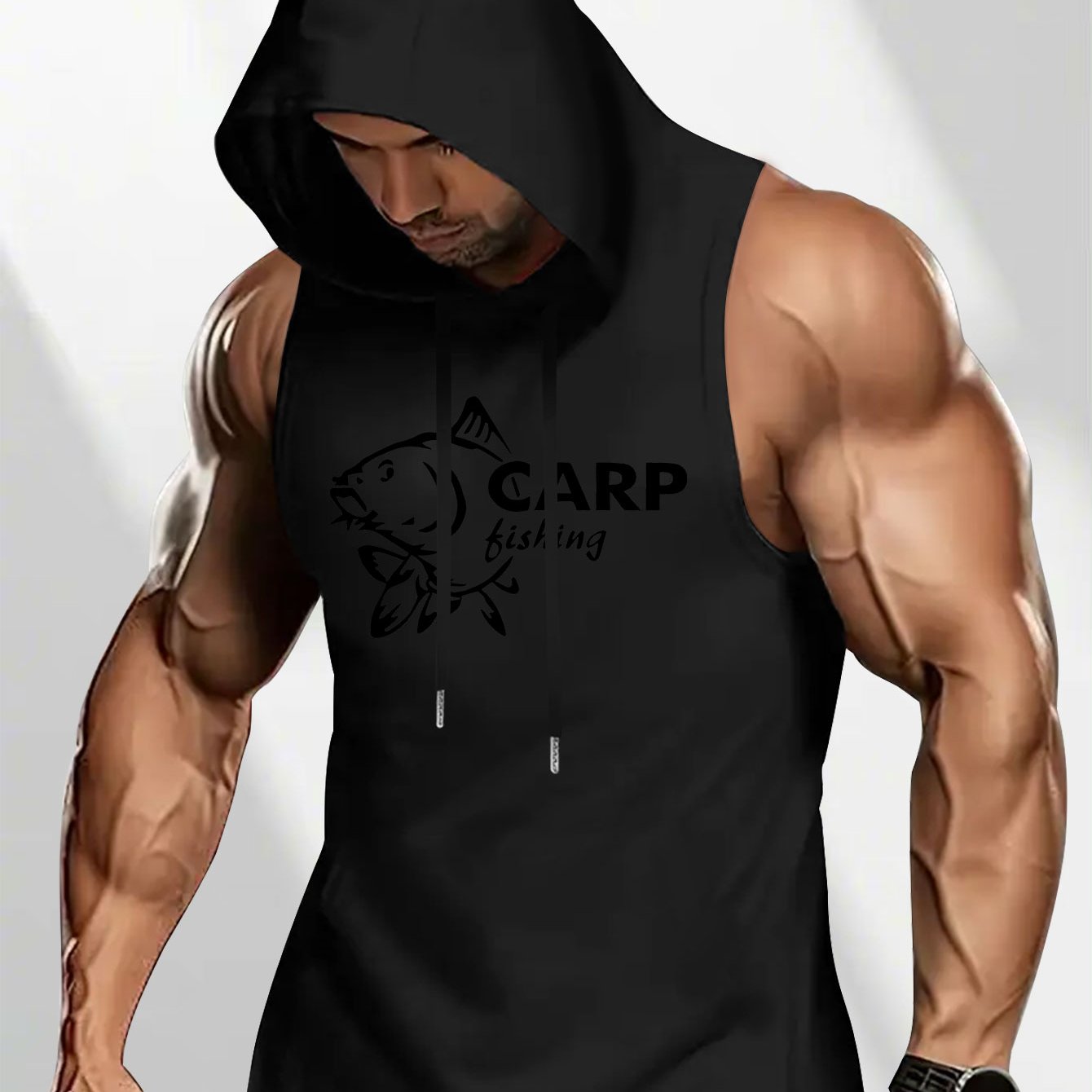 TEMU European And American Carp Fishing Carp Fishing Carp Pattern Outdoor Fishing Enthusiast Men's Vintage Trendy Hooded Sleeveless Vest