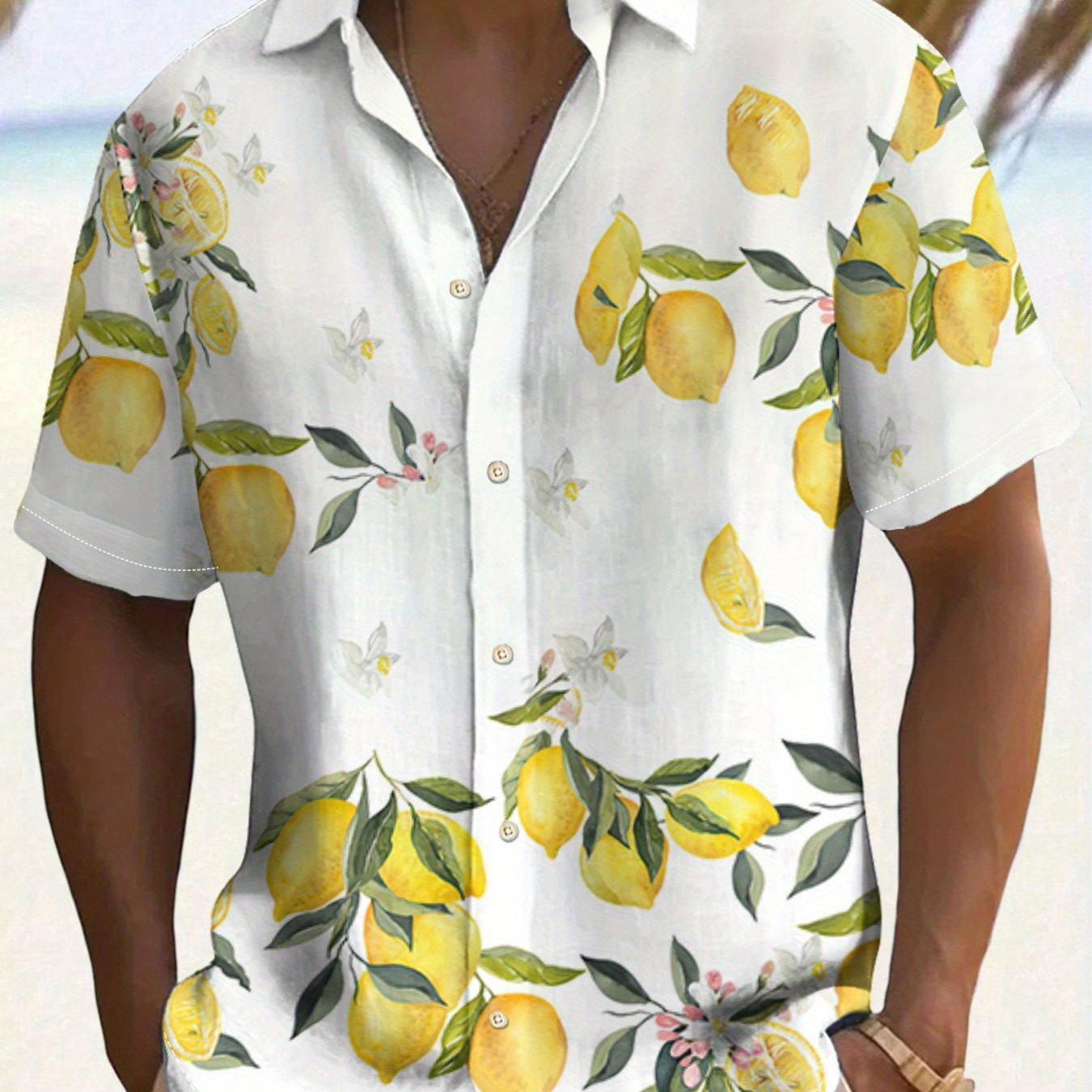 TEMU Men's Fashion Summer Short-sleeve Button-up Shirt, Lemon Print Design, Lightweight And Breathable, Casual Wear For Adults And Teenagers