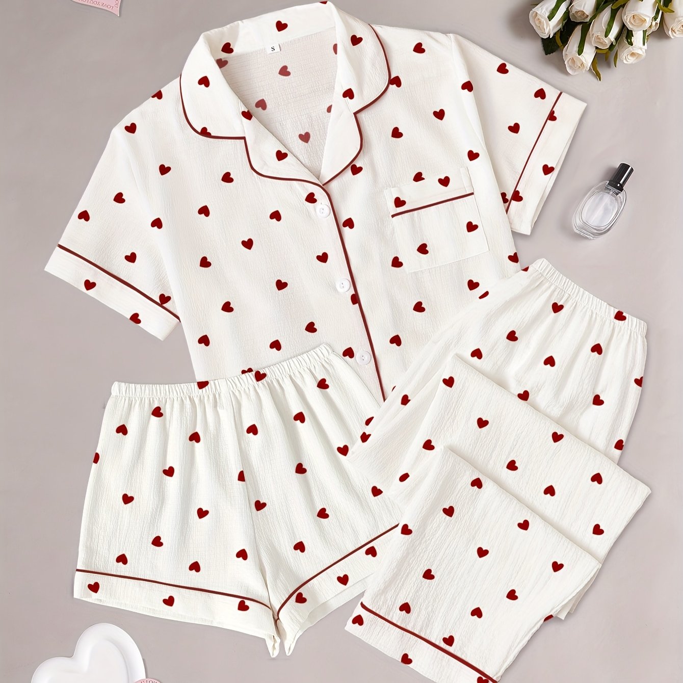 Bubble Pleated Open Front Collar Pastoral Style Heart Print Women's Pajama Set Three-piece