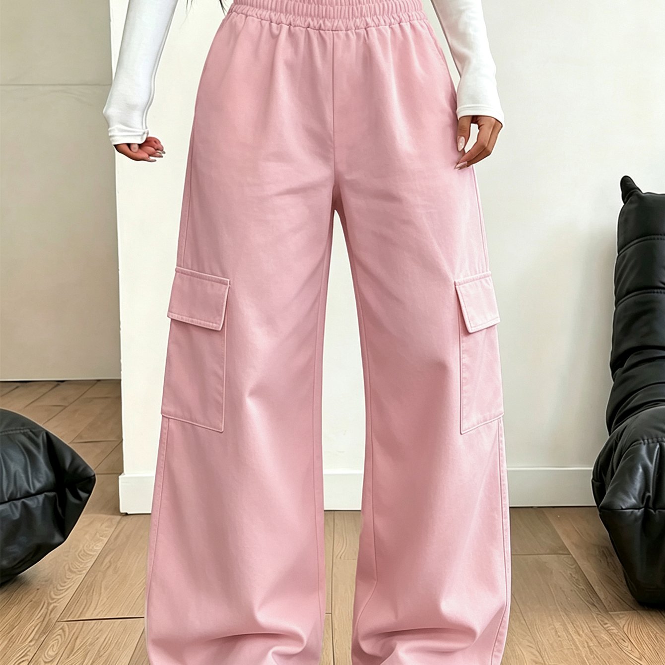 TEMU Fashion Women's Cargo Pants, Simple Everyday With Pockets And Plain Panel, /-waist Cargo Ankle Pants, Women's Long Pants, Suitable For Daily