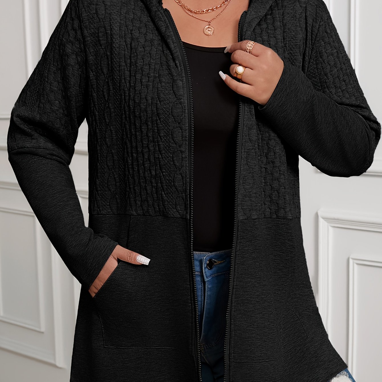 TEMU Plus Size Women's Diamond Zipper Hooded Cardigan Jacket, Casual Elegant Women's Fall Winter New Long Sleeve , Loose Soft For Curvy Women Daily