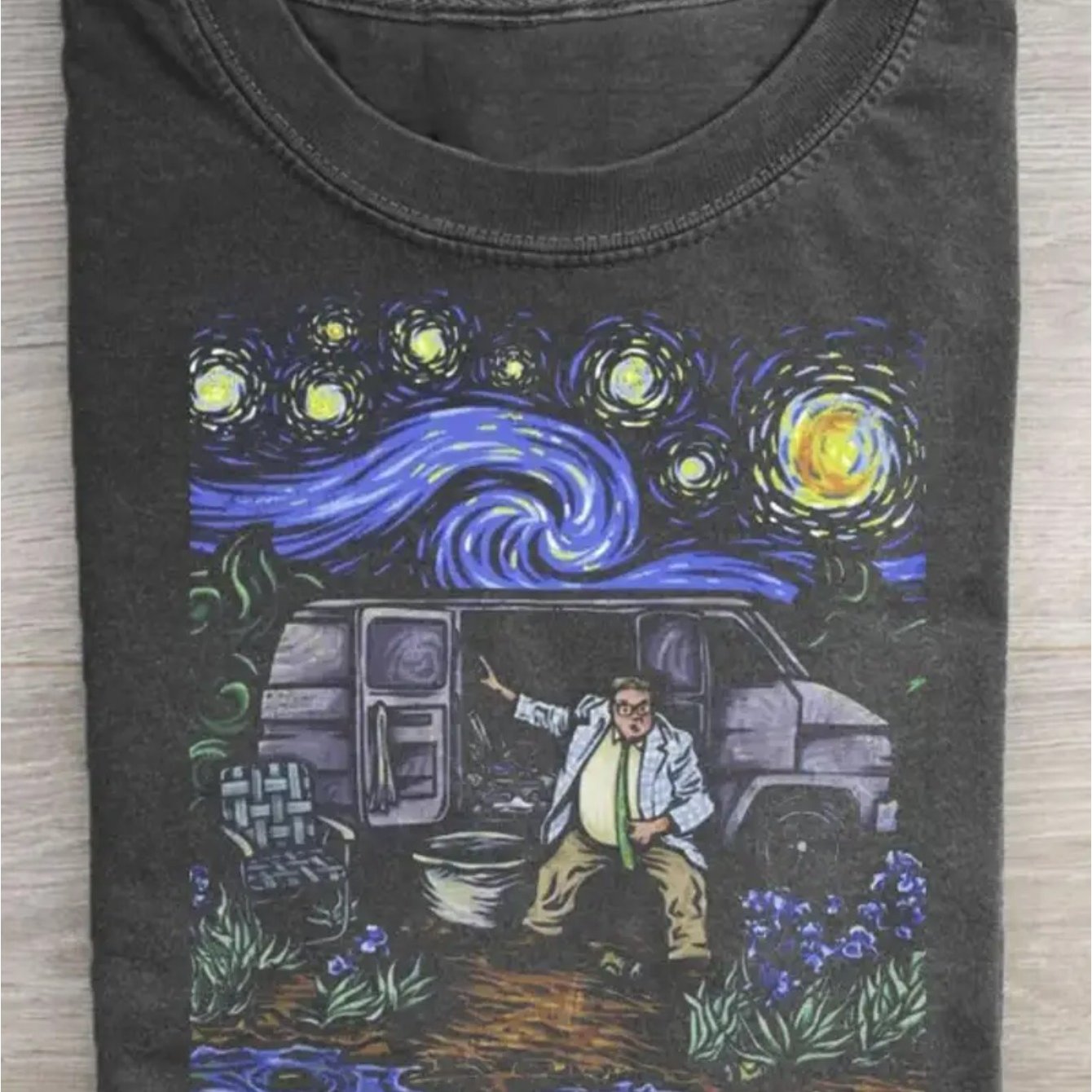 TEMU Men's Vintage Black Short-sleeve T-shirt With Starry Sky & Print - Breathable Round Neck Casual Top, Machine Washable Suitable For Art Lovers,