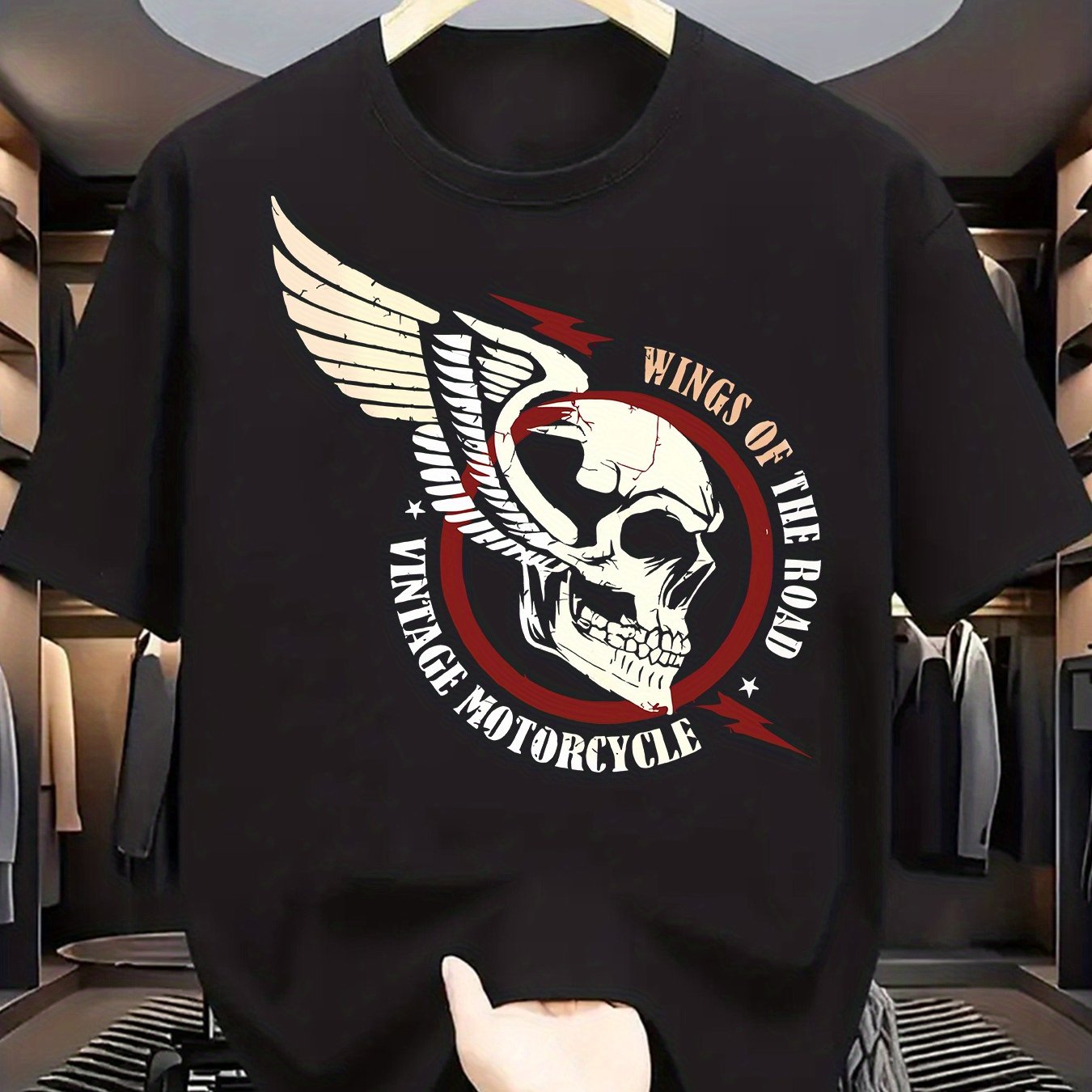 TEMU (180g Polyester Men's T-shirt) Casual Printed Summer Sports Fashion - "wings Of Vintage Motorcycle" Skull & Wing Graphic Print T-shirt,