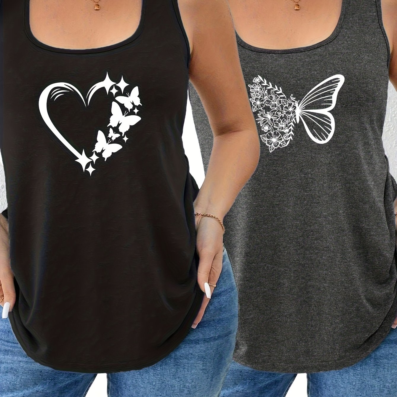 TEMU Plus Size, 2pcs Plus Size Women's Tank Tops, Soft Casual Plus Size Printed Sleeveless Base Layers, Pullovers, Fashionable Casual Trendy