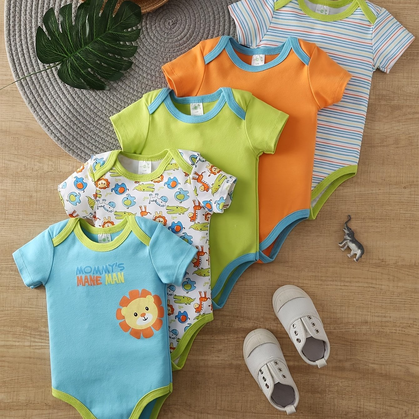 TEMU [ 5pcs Set ] Baby Boy Cartoon Jumpsuit Ha Yi Baby Sunflower Lion Cotton Crawler Clothes Bag Fart Clothes, For Outdoor