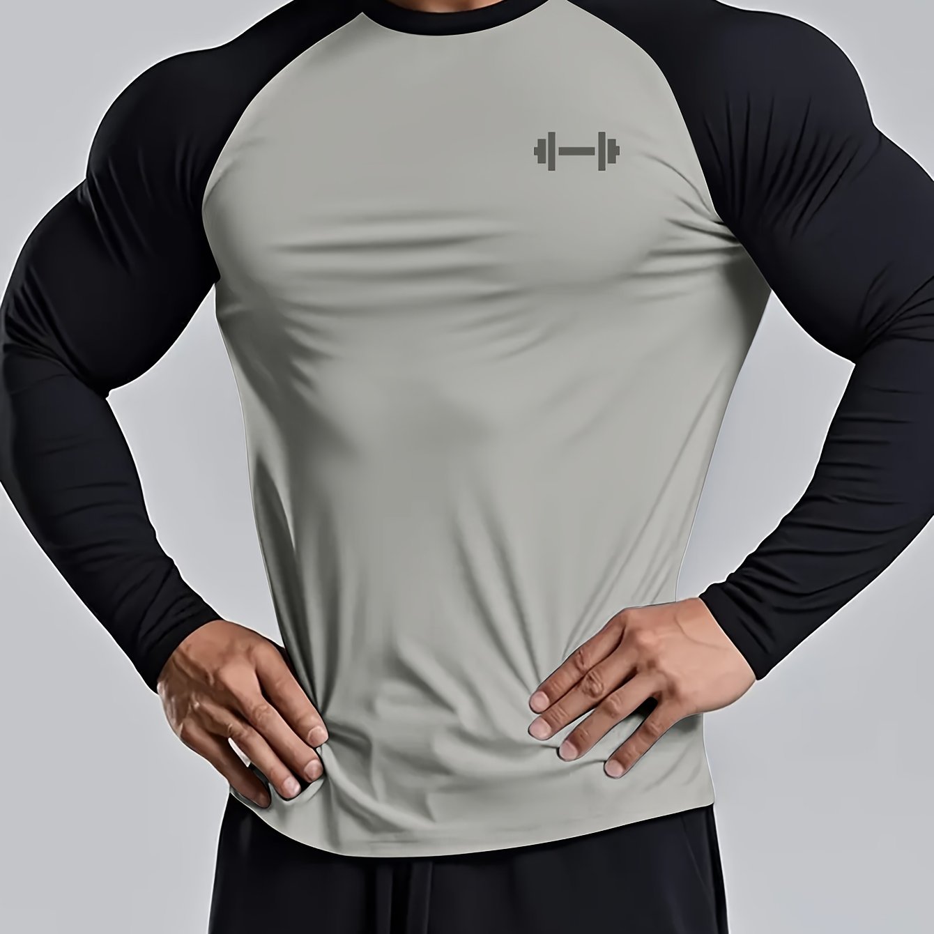 Image of Men's Lightweight Quick- Breathable Color-block Crewneck Sporty Top, Suitable For Training, Gym Workouts, And Outdoor Long-sleeve T-shirt Running Exercise Printed Base Layer