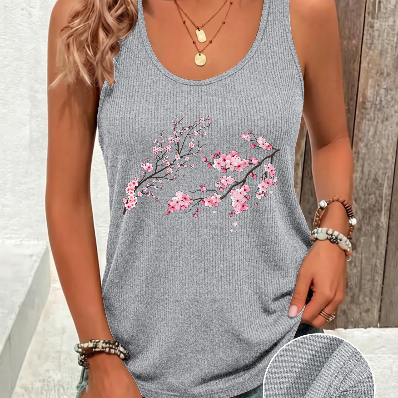 TEMU Women's Sleeveless Off-shoulder Cherry Tank Top - Spring Summer Casual Vest With Back Strap, Machine Washable Non-sheer Shirt Suitable For Home,
