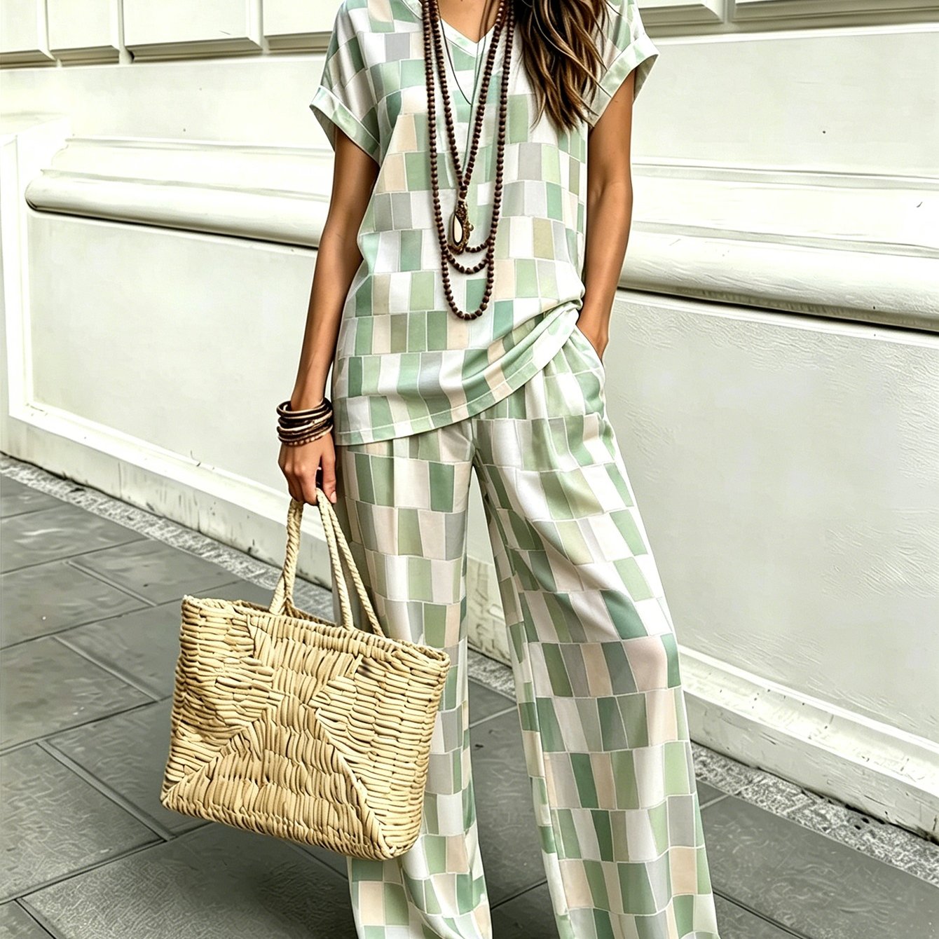 Image of Women'-piece Set Spring Summer Autumn V-neck Short-sleeve Loose Wide-leg Silhouette Casual Skin-friendly Fabric, Lazy And Free, Fits All Body Types Suitable For Daily , Beach Vacations, Commuting