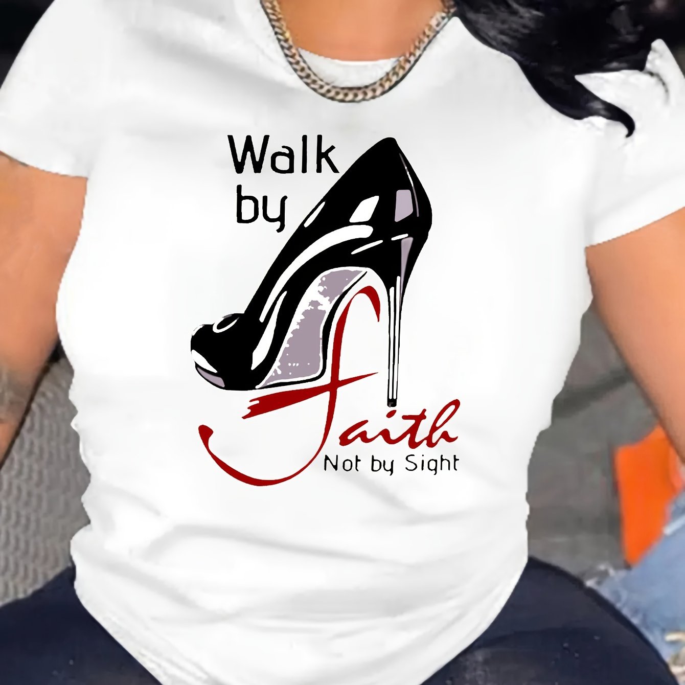 TEMU Walk Women' Short-sleeve Crew Neck T-shirt - Casual Top With & Letter Print, Machine Washable Fit, Top | Graphic Tee | Layering Piece