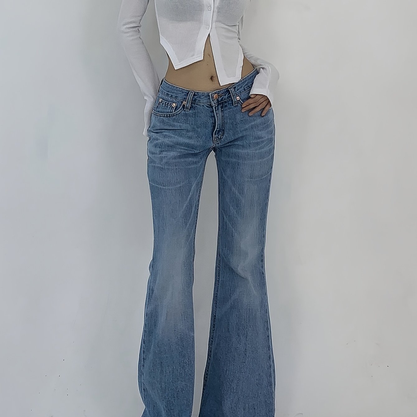 Elegant Low-rise Flare Jeans For Women - Slimming Washed Denim, Stretchy & Comfortable, Machine Washable