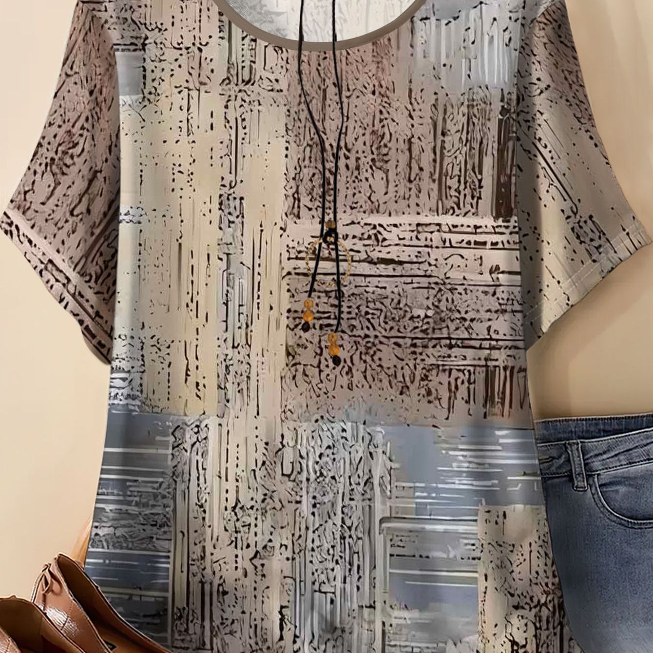TEMU Women's Plus Size Round Neck Vintage Print Loose Short Sleeve Top, Fashion Casual T-shirt, Versatile Summer Style