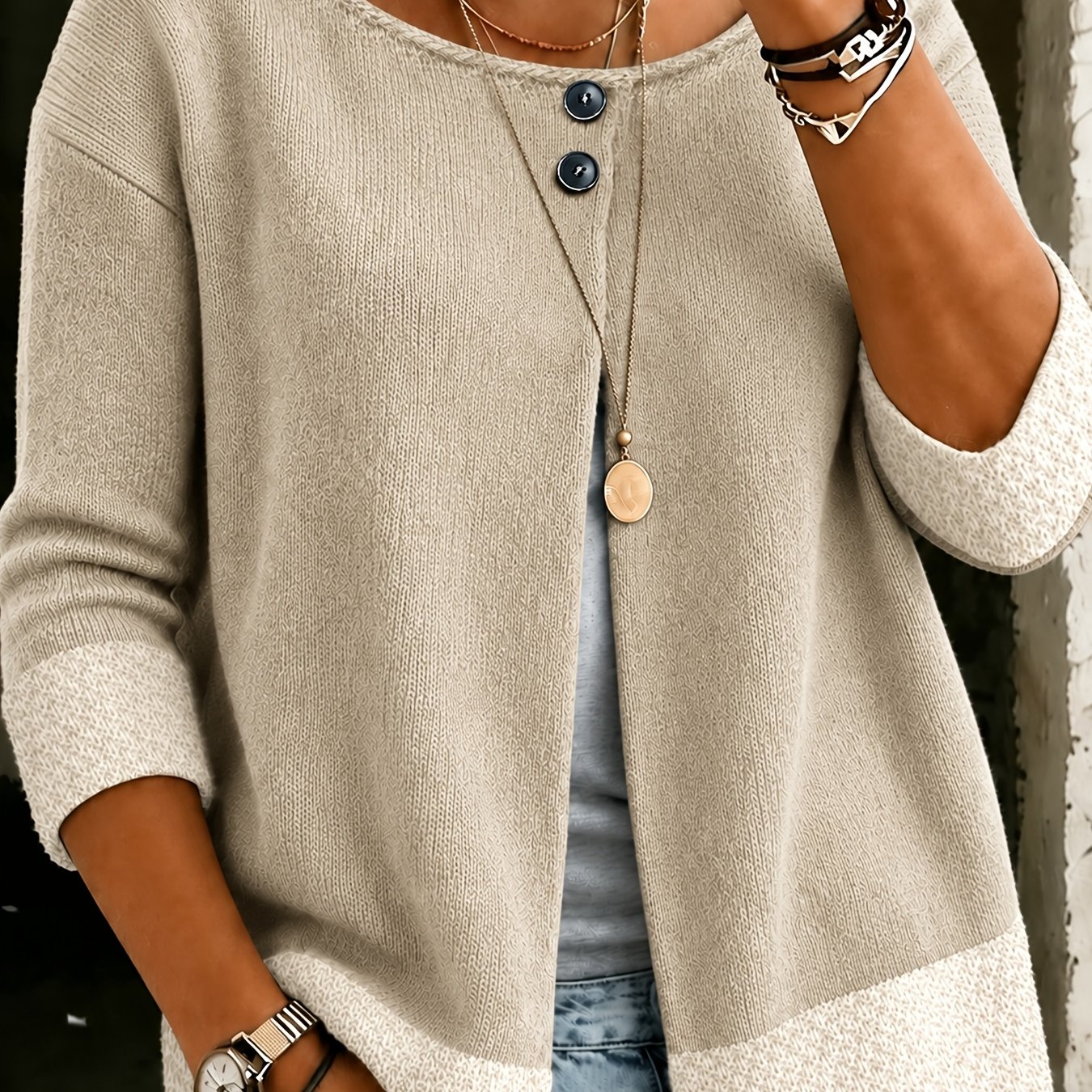 TEMU Autumn Winter Femme Couleur Unie 3/4 Manches Cardigan Pull Haut Col Rond Boutonné Ourlet Contraignant Confortable Mode Décontractée Polyvalent