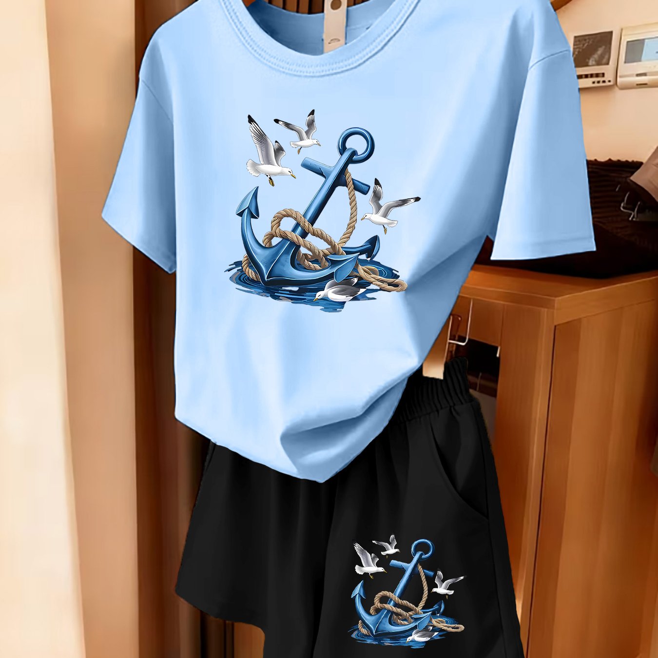 TEMU 2pcs Women's Summer Short Sleeve Set â Blue Anchor And Seagull Print Short Sleeve Shorts Set, Comfortable, Soft, And Breathable For Sports And