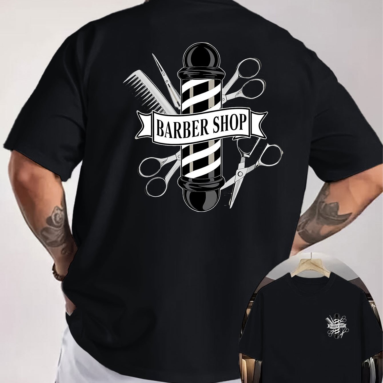 TEMU BARBER SHOP Outils de Coiffure Lampe Rotative Badge Motif T-Shirt Homme, Style Vintage, Haut Confortable et Polyvalent, Adapté aux Fêtes