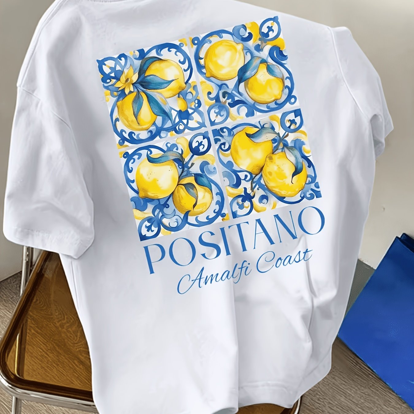 Men's Cotton Short Sleeve Crew Neck T-shirt With Amalfi Lemon Print, Suitable For Vacation, Daily Casual Wear, Comfortable, Soft, Breathable, Summer Essential, Plus Size