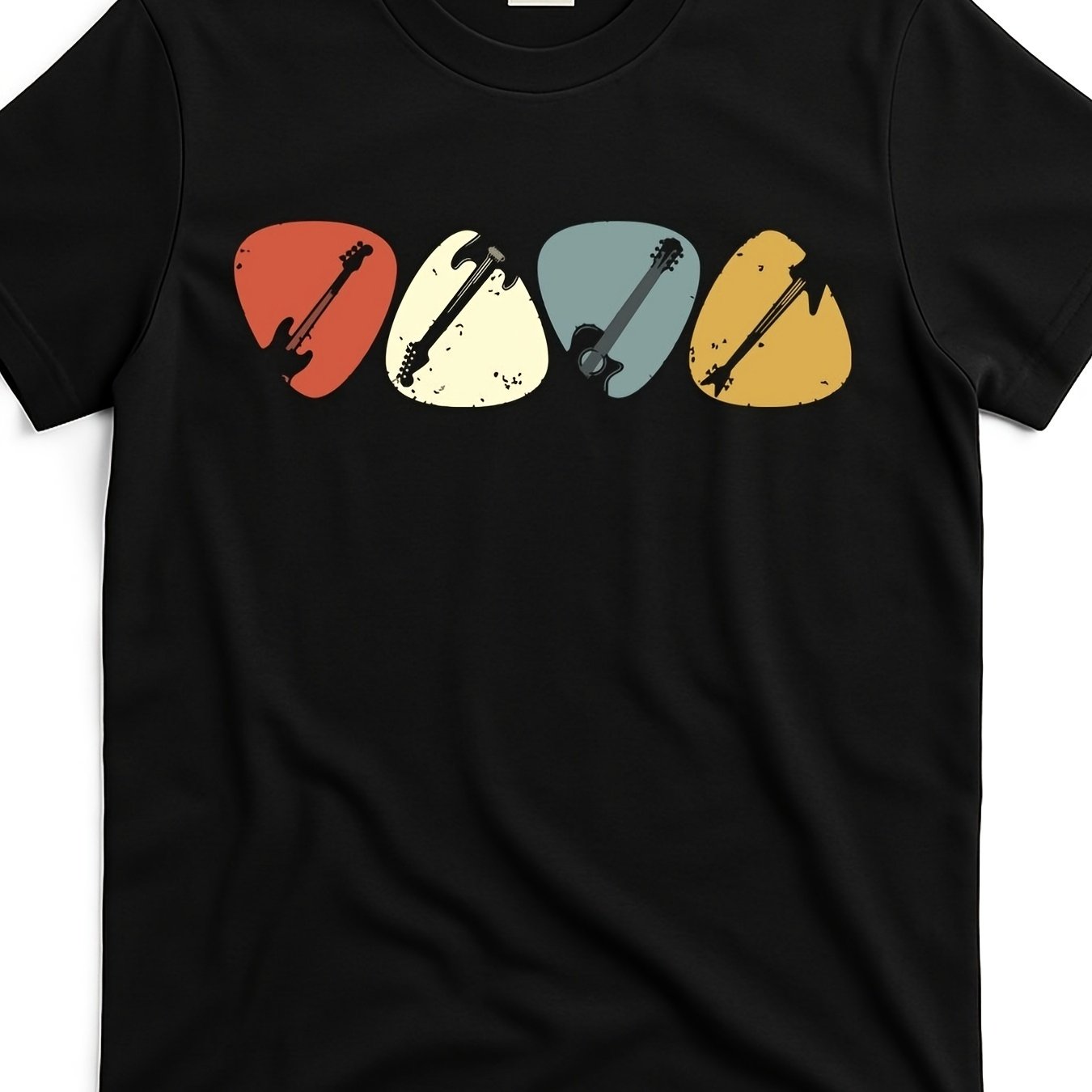 Men's Retro Guitar Pick T-shirt - Vintage Suitable For Guitarists & Bassists, Soft Breathable Lightweight Shirt With Iconic Plectrum, Casual Round Neck For Wear, Machine Washable Apparel