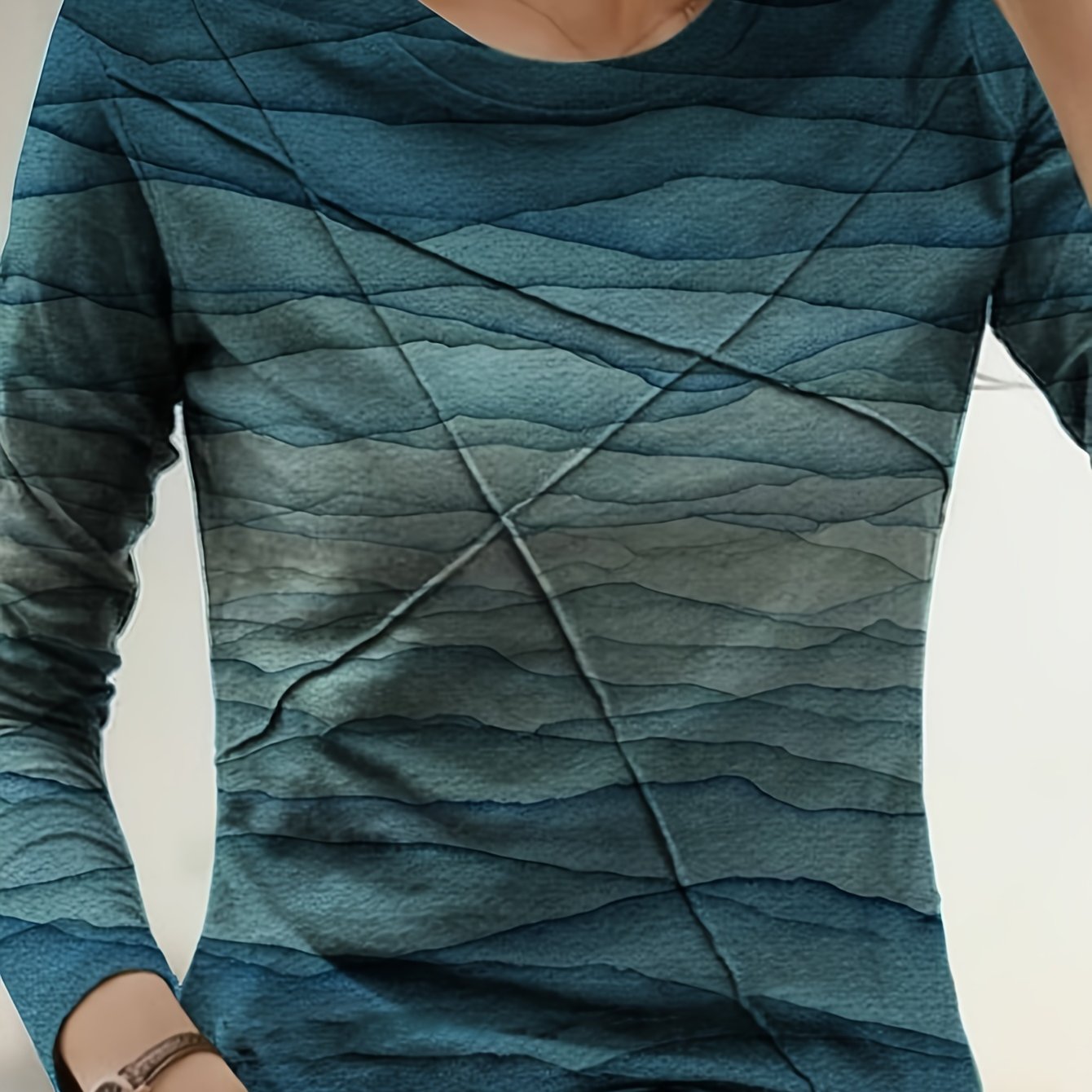 Women's Elegant Long Sleeve Round Neck Top With Landscape Print & Front Detail - , Machine Washable, Regular -season Casual & Formal Wear, Sophisticated Weaving, Stretchable Fabric