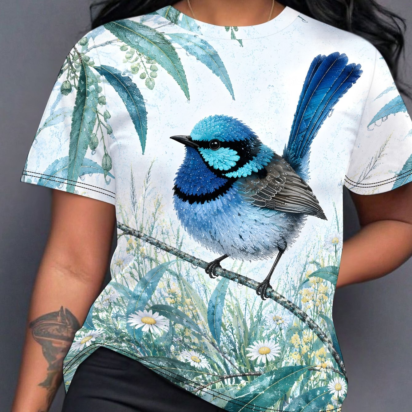 TEMU Rainfresh Blue Leaves Women's Casual Short Sleeve T-shirt With Printed Design - No Texture//sequins