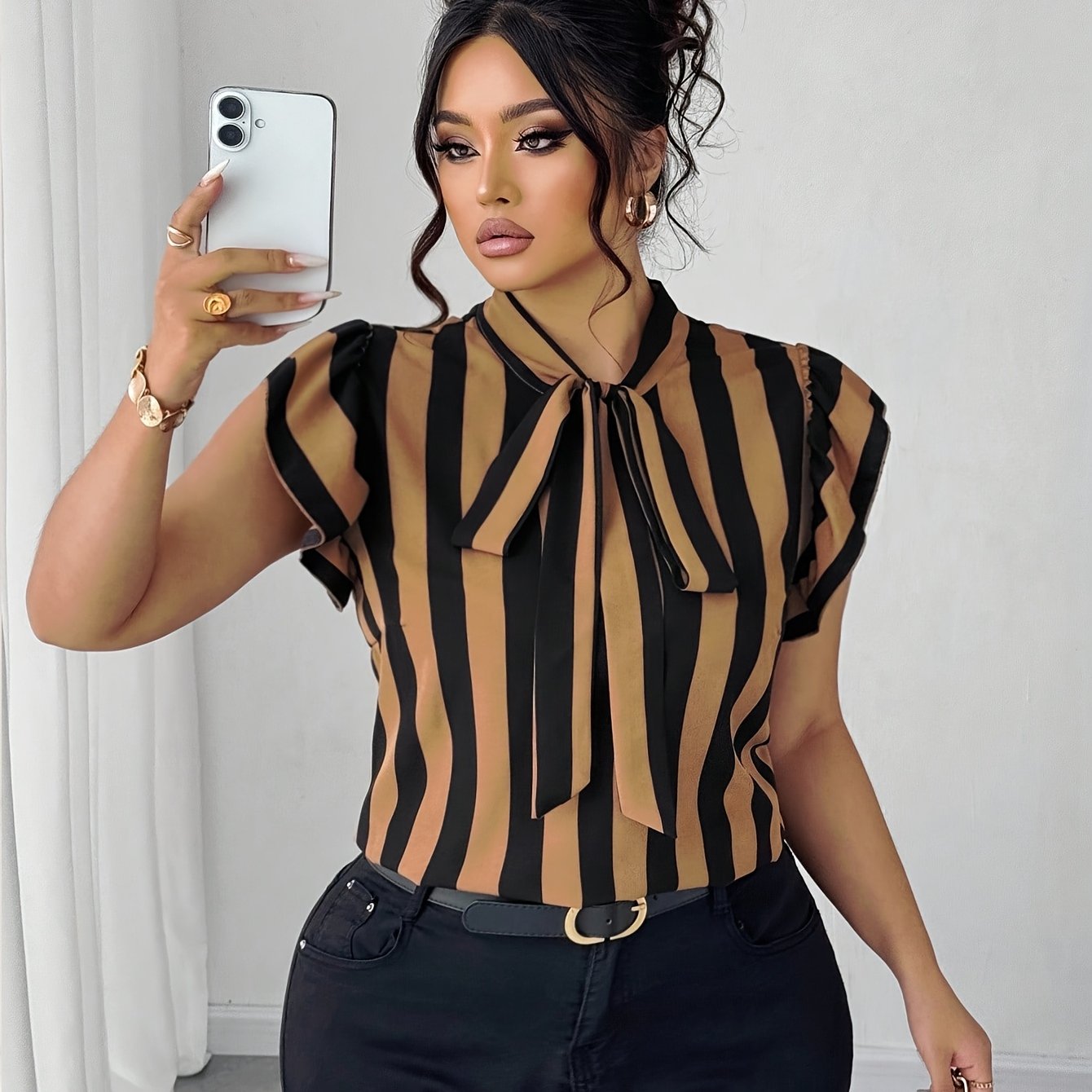 TEMU Plus Size, Women's Fashion Summer Stripe Tie-neck Shirt, Short Sleeve Slim Fit Commuter Vintage Top, Plus Size Shirt