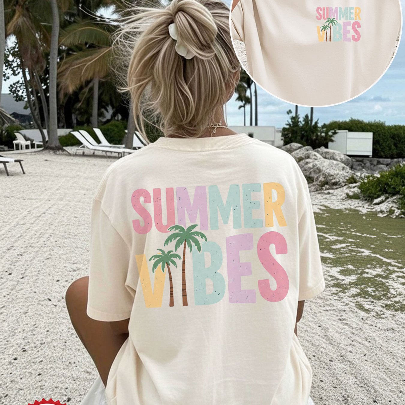 Image of [double-sided Print] Spring Summer 's Top, Beach Fashion, , , Coconut Tree Print Round Neck Short Sleeve Pure Oversized Drop Shoulder Casual T-shirt