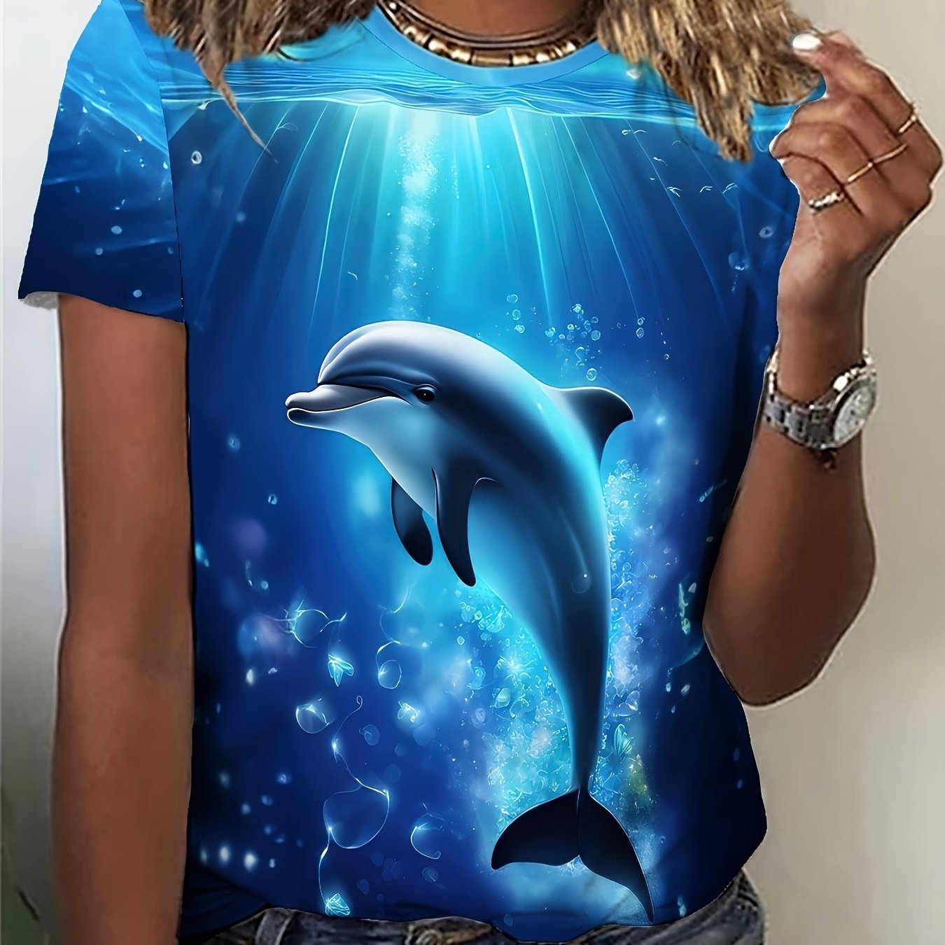 TEMU A Short-sleeve T-shirt Featuring A Theme, With A Deep Gradient Background, Soft Light-diffused Dolphin Prints, With Colorful Bubbles And