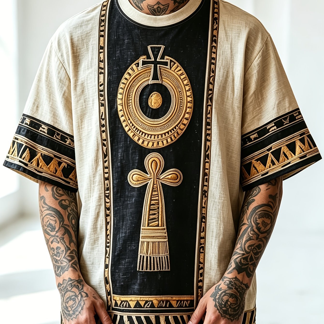 TEMU [print Design - No Texture] Egyptian Totem Print T-shirt - Full Pharaoh Vintage Color Block - Lightweight And Breathable Short Sleeve - Summer