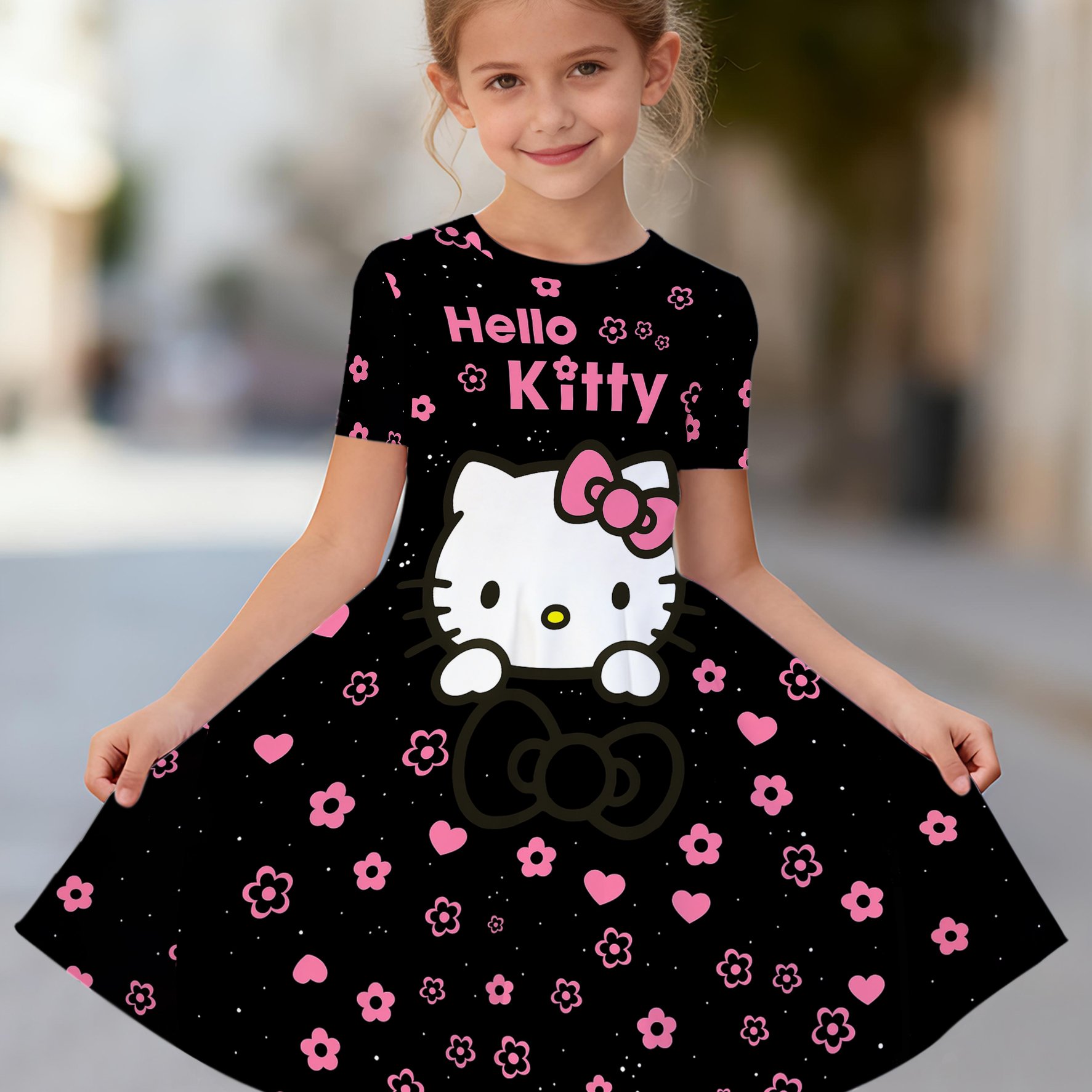 E-shop Sanrio Mädchen-Modekleid, Sommerkleid für Mädchen, Klassisches süßes Cartoon-Print, Kurzarmkleid mit -Print-Design, Neuer Sommerstil,