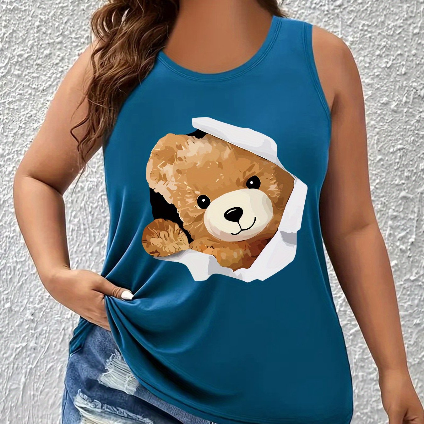 TEMU Women's Plus Size Cute Teddy Bear Print Sleeveless Tank Top - Casual Round Neck Vest For Casual Attire, Casual Wear Vest | Teddy Bear Graphic |