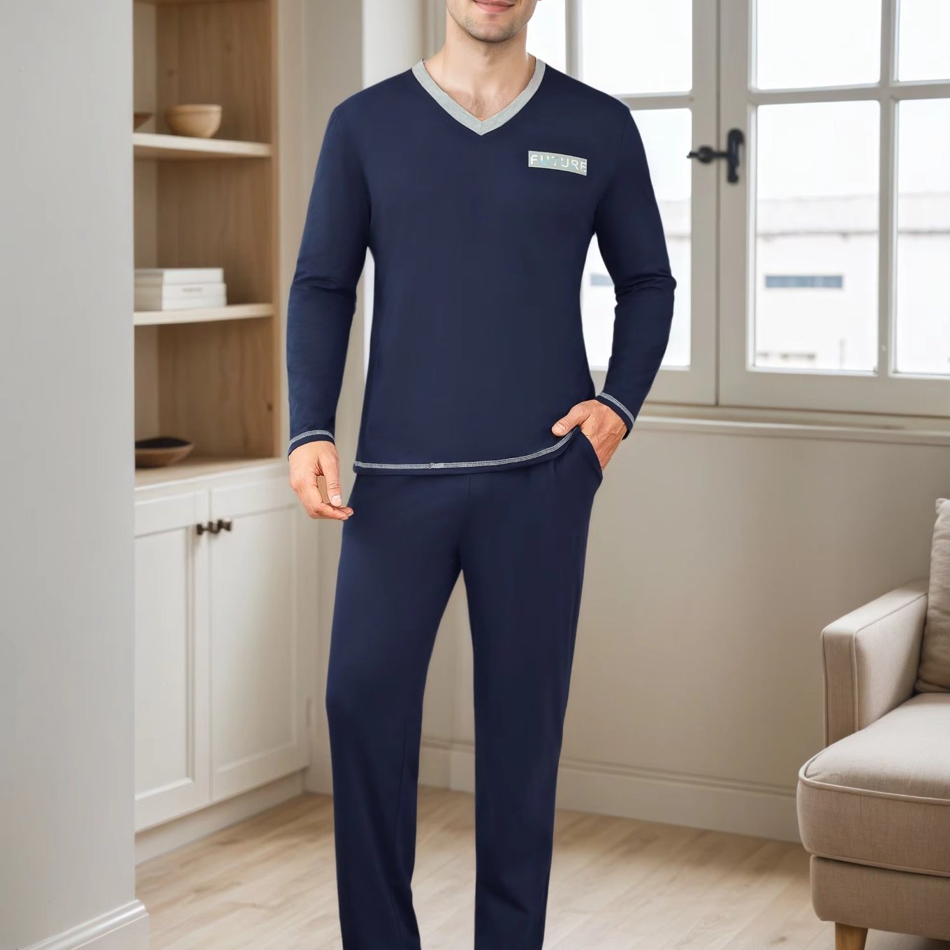 Image of Men's Pajama Set | Long-sleeved V-neck T-shirt And Pajama Pants With Pockets, Soft And Comfortable, Two-piece Loungewear, Regular Fit, , Perfect For Spring/fall