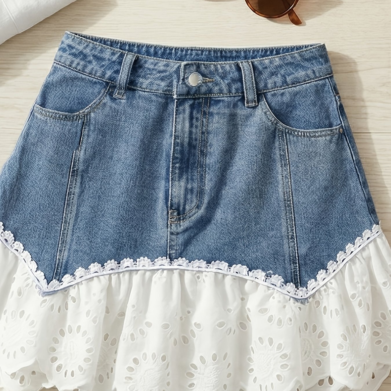 TEMU 2026 Women's Mini Skirt With Denim And Lace Trim - A Trendy And Fashion Must-have