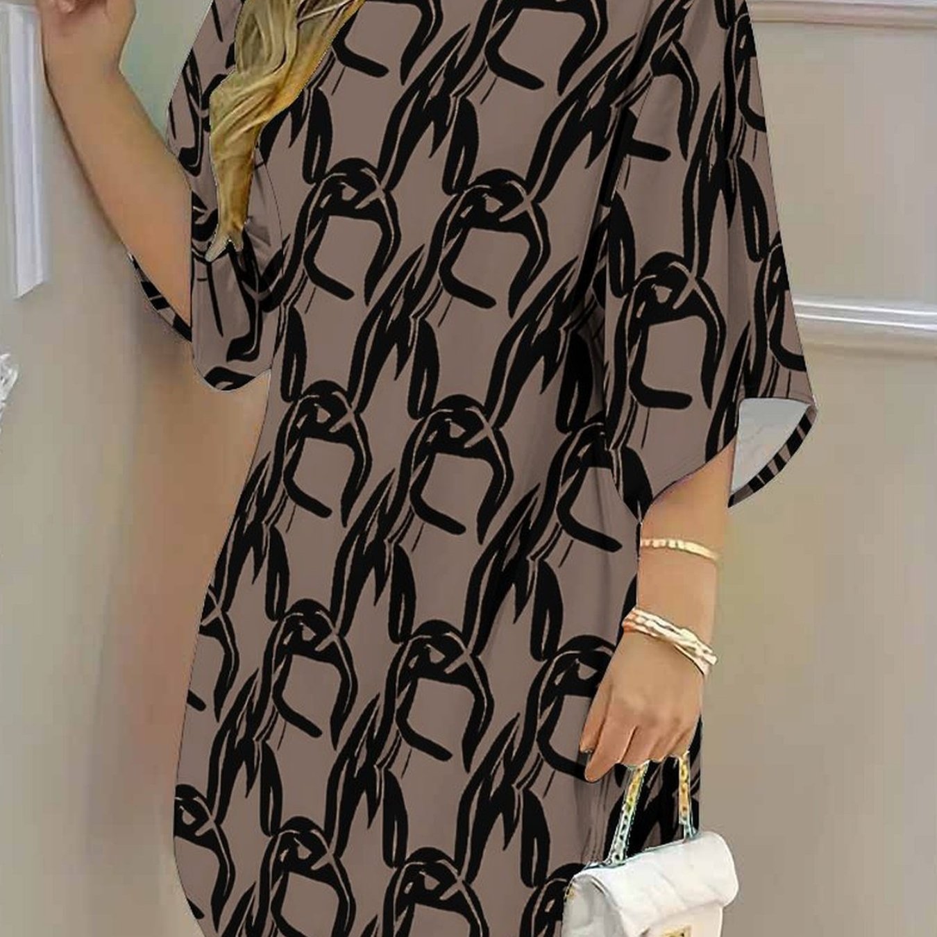 Plus Size - Women's Dress, Women's Plus Size Dress, Geometric Pattern, Bohemian Style Party Occasion, Casual Vacation, Elegant Women's Fashion Round Neck Mid Sleeve Dress