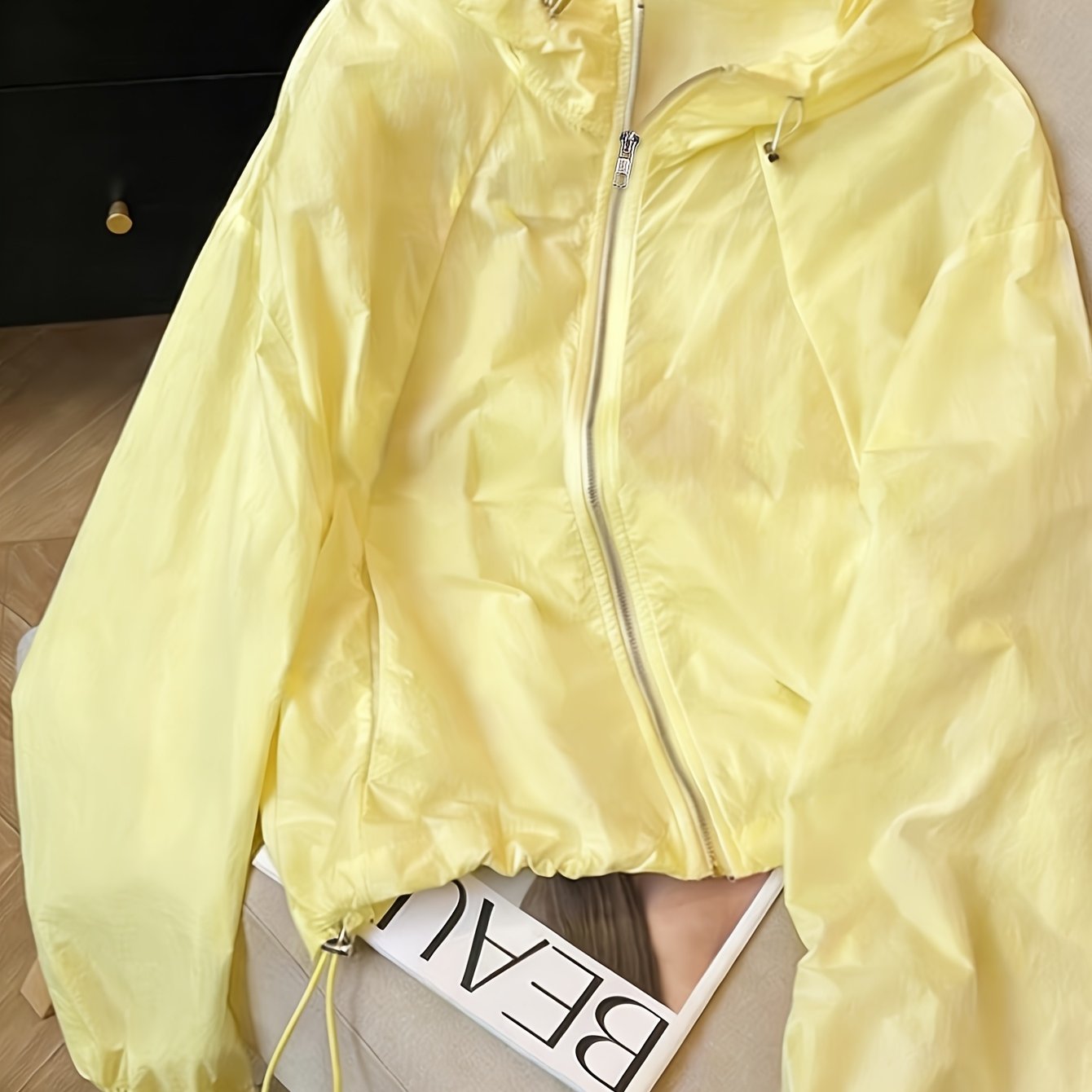 TEMU Women's Lightweight Drawstring Hooded Jacket, Loose Drop-shoulder Long Sleeve Zip-up Cardigan With Adjustable Hem, Long Sleeves For Daily