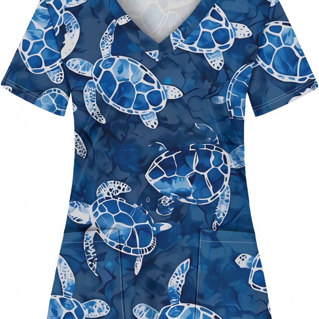 TEMU Women's V-neck Short Sleeve Blouse Top With Sea Turtle Print - & Pattern, Pocketed Shirts Suitable For - Wear, Machine Washable Casual Blouse
