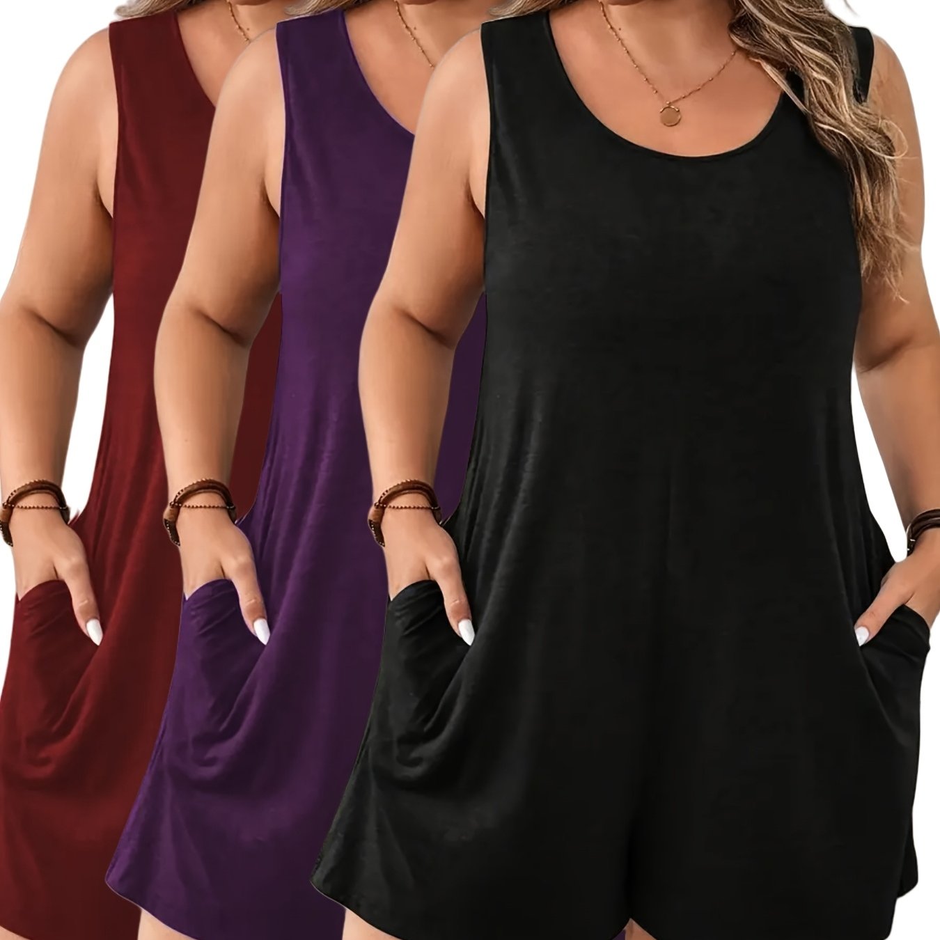 TEMU 3pcs Women's Plus Size Sleeveless Green Jumpsuit - Elegant Crew Neck, Stretchy Fabric, Pocket Detail, Ideal For Spring/summer/fall, Casual