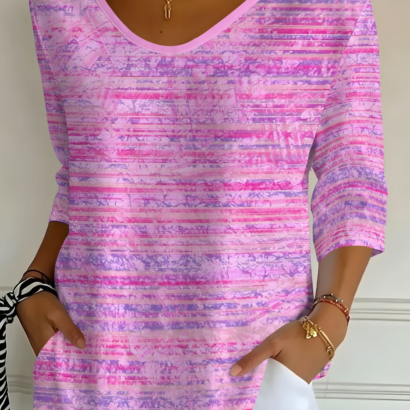 TEMU Women's Pink Purple Gradient Distressed Texture Printed V-neck Three-quarter Sleeve T-shirt, Spring Autumn Casual Top