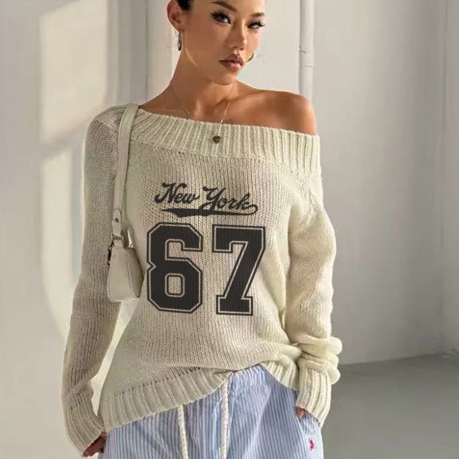 TEMU Neck Off-shoulder Sweater, Soft And Loose Printed Top