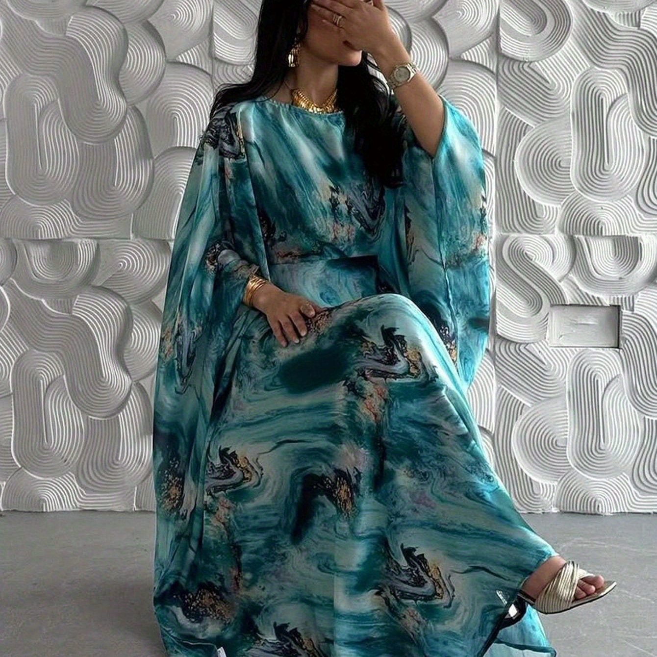 E-shop 1 Stück Elegantes Tie-Dye Pullover Langarm Mode-Druck Abaya Cardigan Robe ohne Kopftuch für Frauen im Nahen