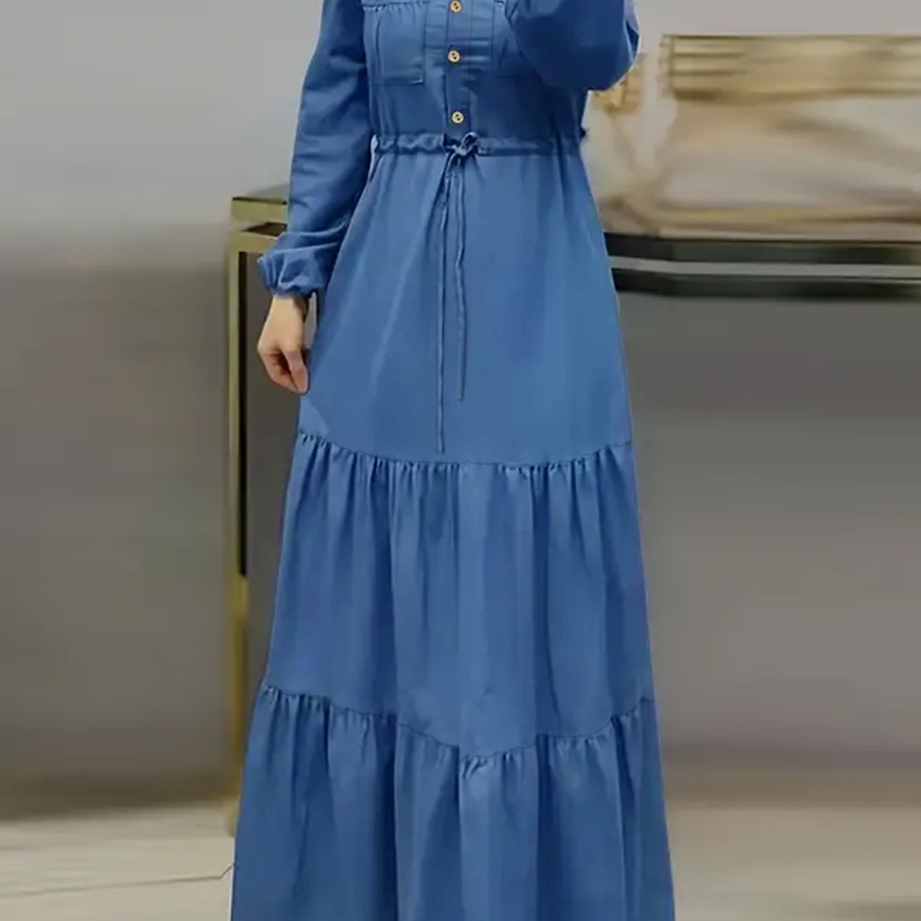 TEMU A Solid Color Long-sleeve Dress For Women With A Fitted Waist, Tie Detail, And Hem