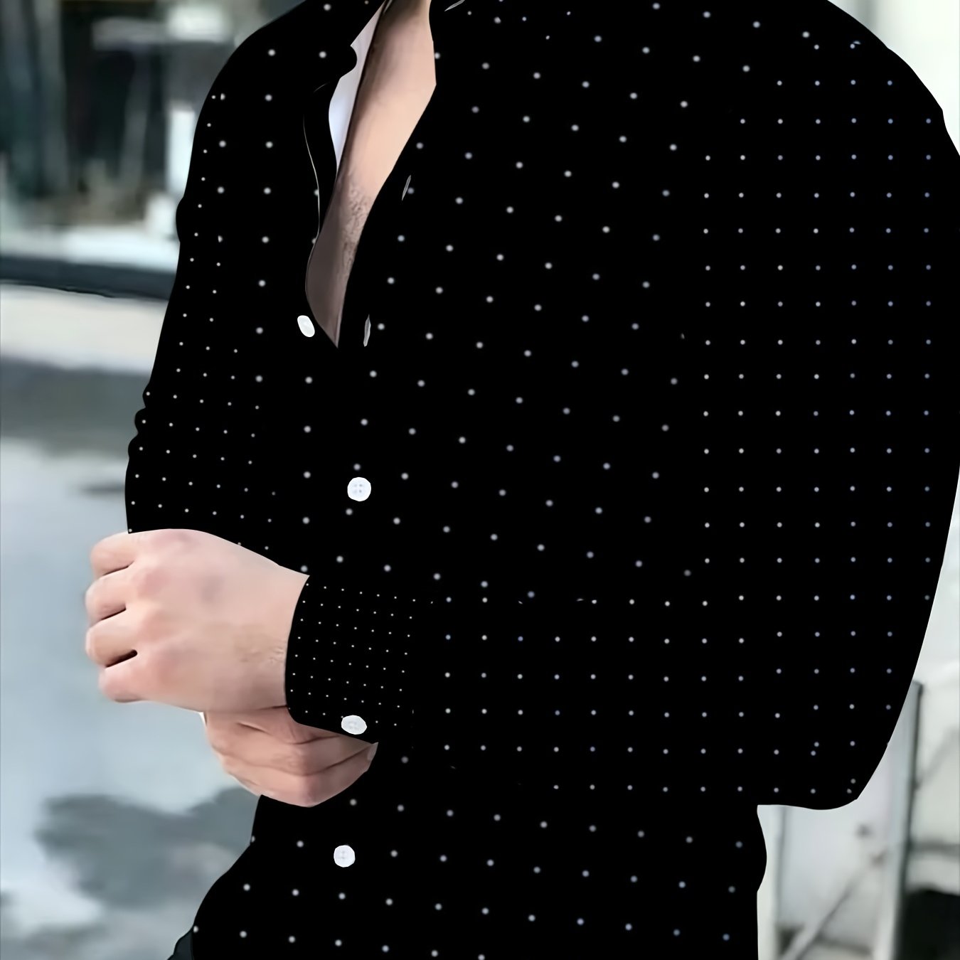 TEMU Men's Long Sleeve Shirt - Men's Black Polka Dot Button-up, Casual , Lightweight And Breathable, Suitable For Office Or Evening Wear, Modern Slim