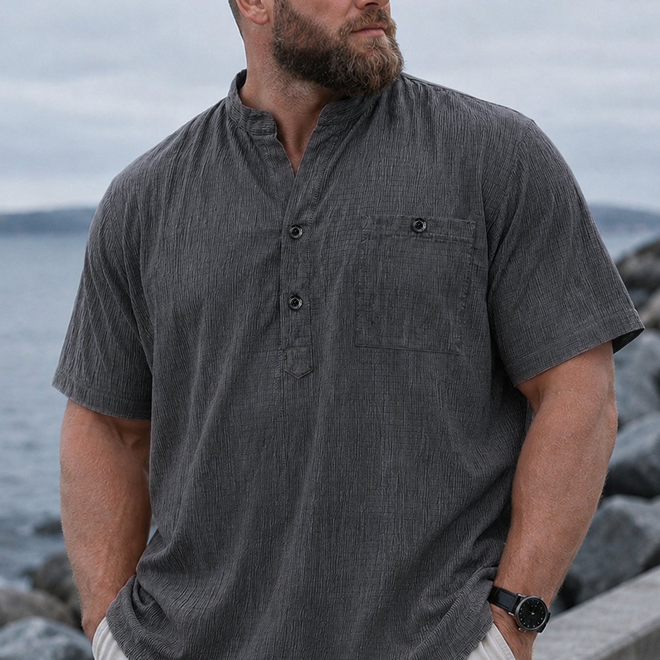TEMU [ Ying Obm] Men's Plus Size Short Sleeve Henley Shirt, 2xl-6xl Big & Tall Lightweight Breathable Summer Button-up Shirt, Loose Fit Solid Color