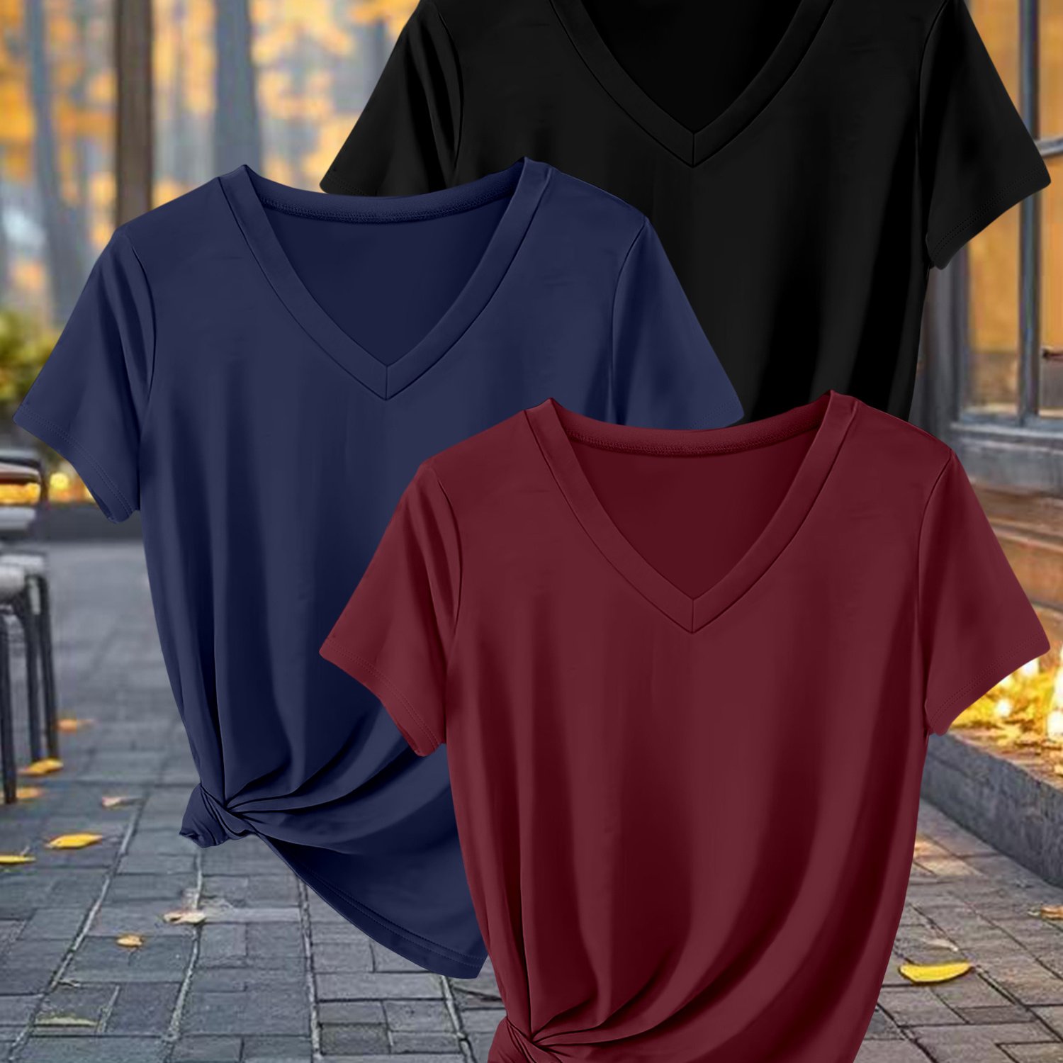 E-shop 3 Stück Damen V-Ausschnitt Kurzarm T-Shirts in Unifarben – Dehnbare Casual Shirts für Frühling, Sommer Herbst, Hochelastische Blusen,