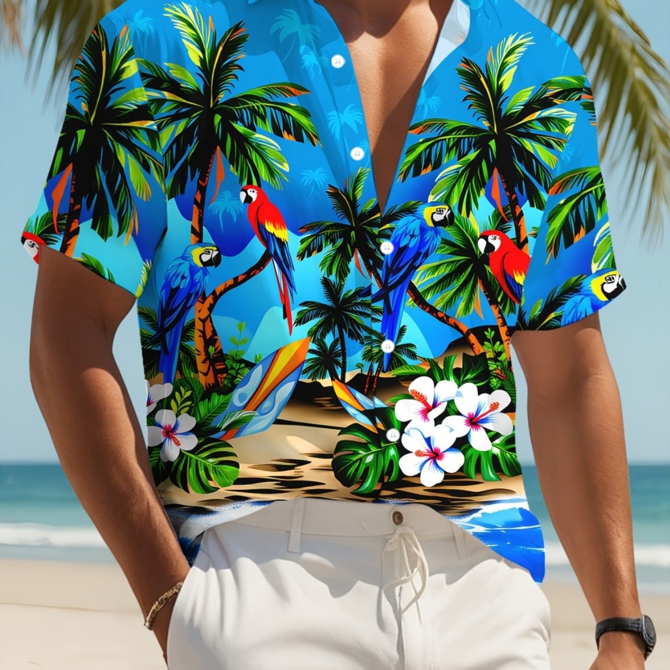 TEMU [printed Design â Not Textured] Men's Casual Parrot Coconut Tree Beach Full Print Collar Shirt Gift For Relatives