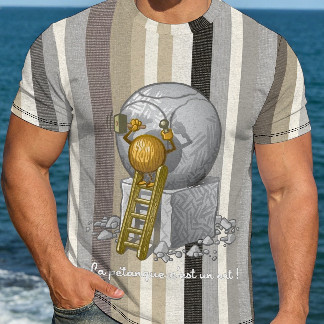 TEMU Teediy Men's Petanque T-shirt - Full-body French Boules Graphic Print, Casual Round Neck Short Sleeve Summer Tee Suitable For Sports & Casual